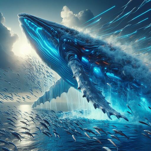 Robotic blue whale symbolizing AI-powered dynamic creative ad design development in blue ocean market