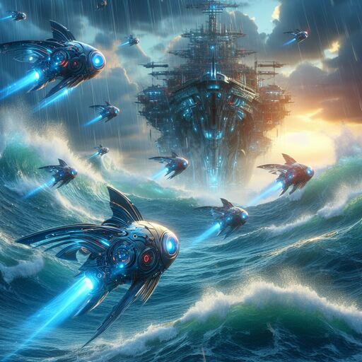 AI robotic flying fishes drawn towards the magnetic field of hovering futuristic titanic ship over the vast blue ocean