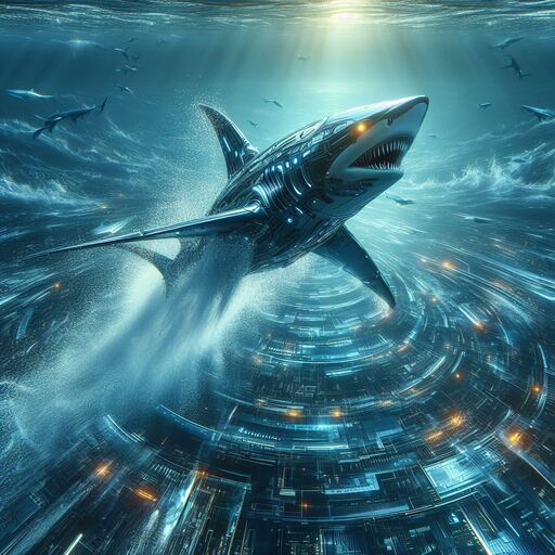 AI robotic shark dashing through the turbulent waves of the unchartered blue ocean with a rotating saucer underwater.